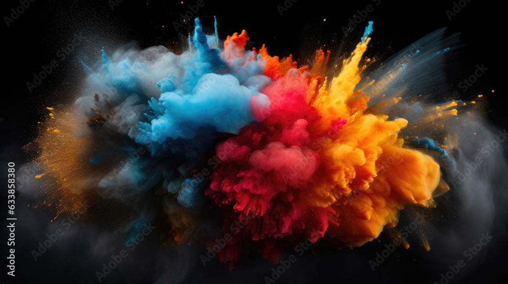 Exploding colors of dust and powder on a dark background stock photo