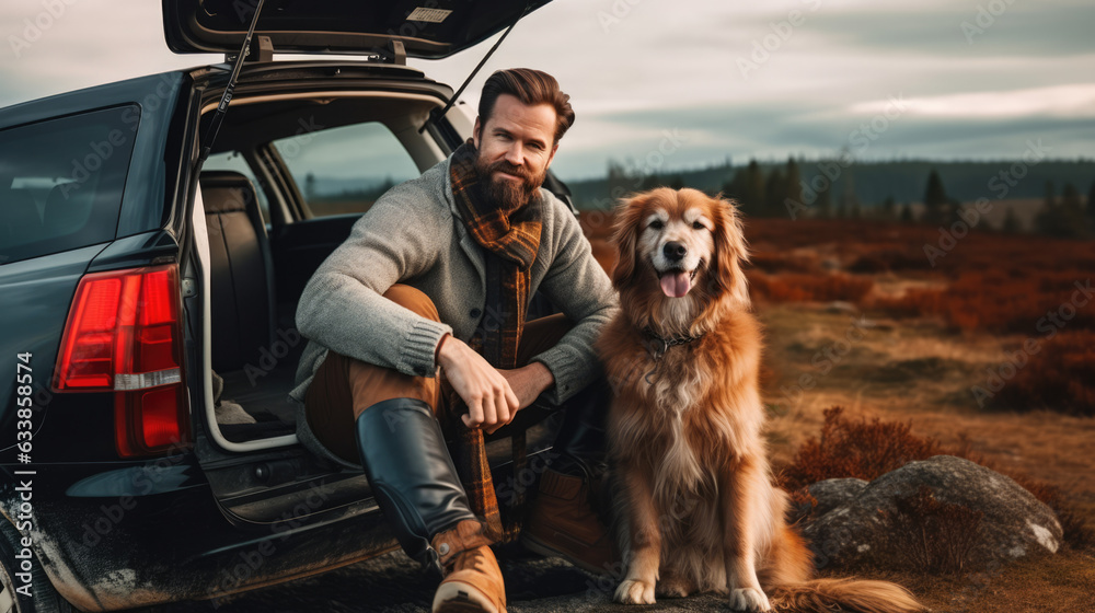 Man traveler with dog in car. Generative AI