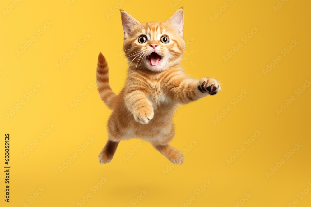 Fototapeta Happy cat jumping with funny expression. Generative AI