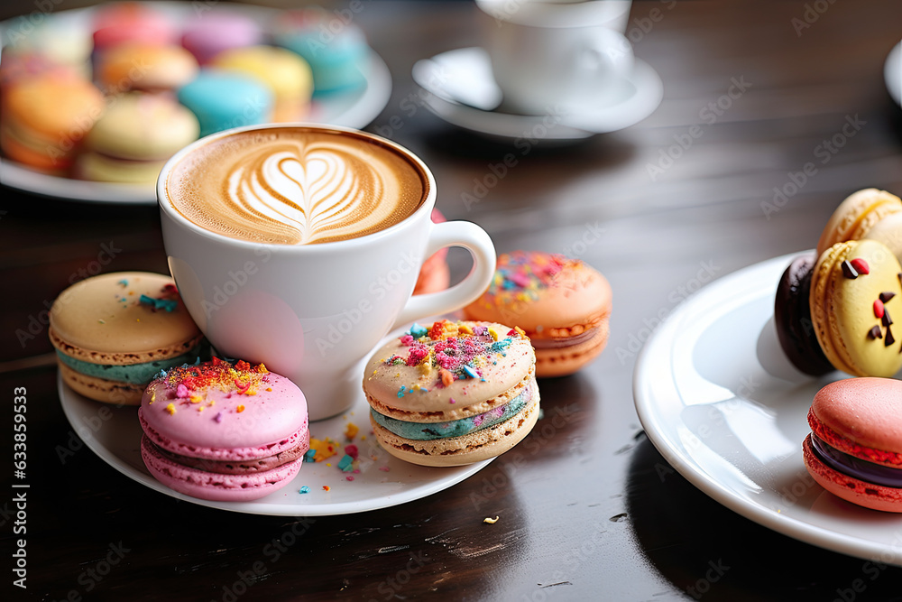 Colorful macarons next to a cappuccino. Generative AI Colorful macarons next to a cappuccino. Generative AI