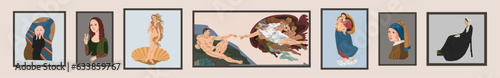 Famous paintings in vector. Exhibition of classical painting. Gallery of works of art. masterpieces of world art. Creation of Adam. Reproductions of paintings. Birth of Venus. Sistine Madonna.