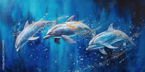 Photography An airbrush painting of 1980s dolphins floating in minimal space style