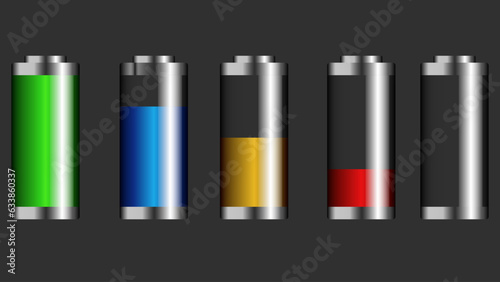 Colorful indicators of battery charge level. Full and empty battery charge level.