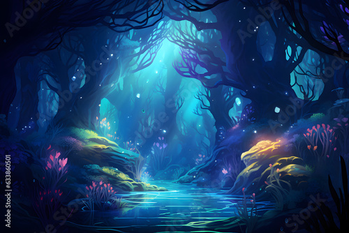 View of a glowing magical forest