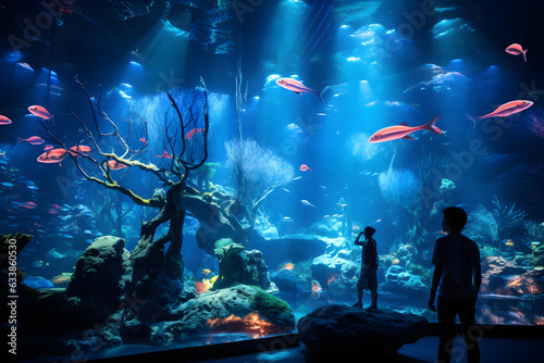 View of a really big aquarium with fish and people looking at them
