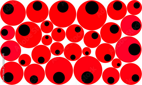 Vector design of circles pattern. Composition of black and red circles on white background. Abstract vibrant artwork, vintage, retro style.