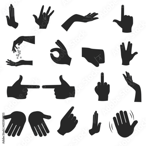 Hands icon and arms vector. Silhouette of Hands vector symbol set. Female hand holding and pointing gestures, fingers crossed, fist, peace and thumb up. Cartoon human palms and wrist vector set.