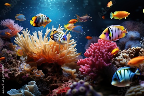 Aquarium underwater  fishes in sea coral reef. Ocean nature: water animal tropical life, aquatic wildlife © zzorik
