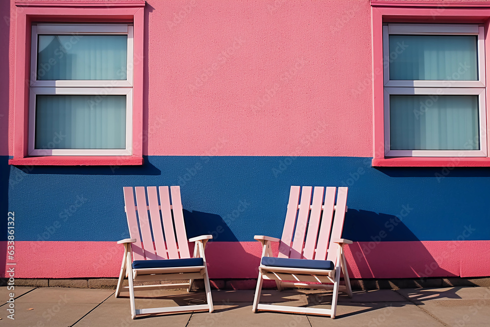 Two relaxing chairs placed in the backyard of a pink and blue house