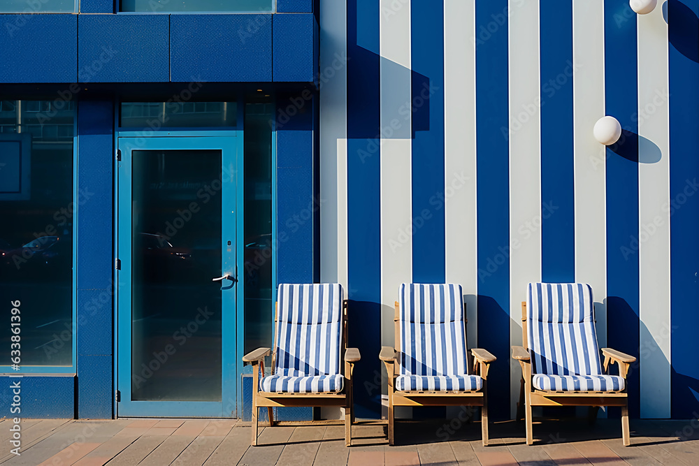 Three deck chairs next to a commercial property for hangout. Generative AI