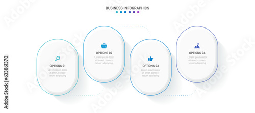 Timeline infographic with infochart. Modern presentation template with 4 spets for business process. Website template on white background for concept modern design. Horizontal layout.