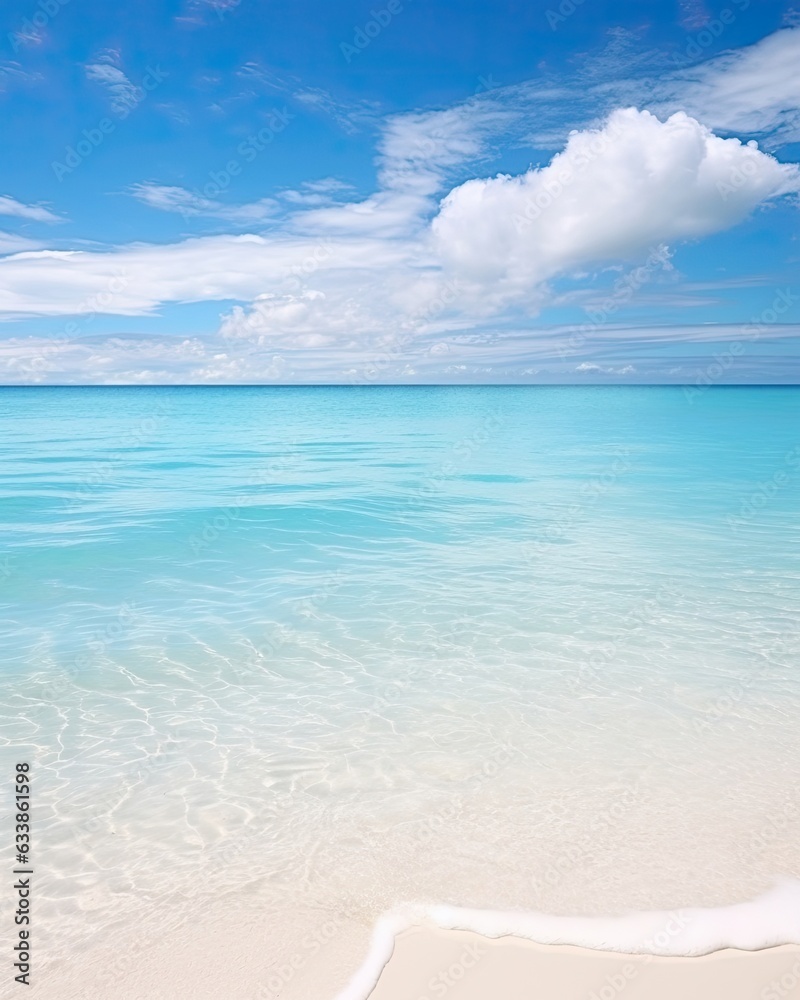 Warm white sand beach, clear blue water.