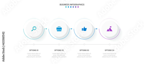Timeline infographic with infochart. Modern presentation template with 4 spets for business process. Website template on white background for concept modern design. Horizontal layout.