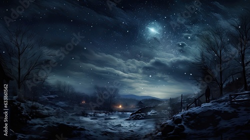 Cold, dark night; stars silently illuminate the sky.