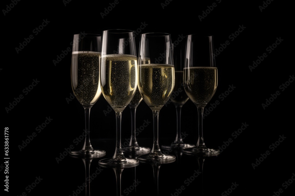 A line of champagne glasses sparkling in the blackness. The image creates a contrast between the dark background and the golden champagne... A line of champagne glasses sparkling in the blackness. The image creates a contrast between the dark background and the golden champagne...