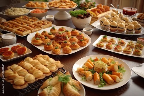 Stampa su tela A table with various appetizers and finger foods on white plates and bowls and g