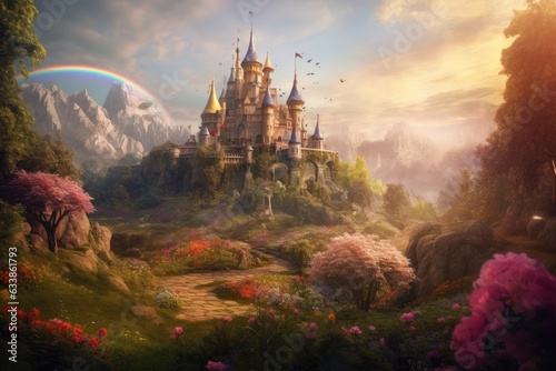 A fairytale castle on a cliff in a beautiful landscape with colorful flowers, trees, a rainbow, and snowy mountains.