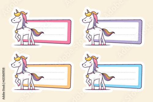 School label sticker with cute magical unicorn vector illustration