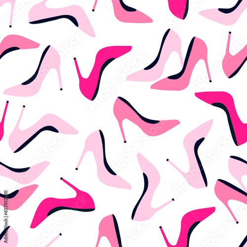 Vector seamless pattern with pink fashionable shoes. Handdrawn texture design.