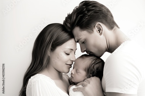 Both the mother and father lovingly cradle their newborn baby