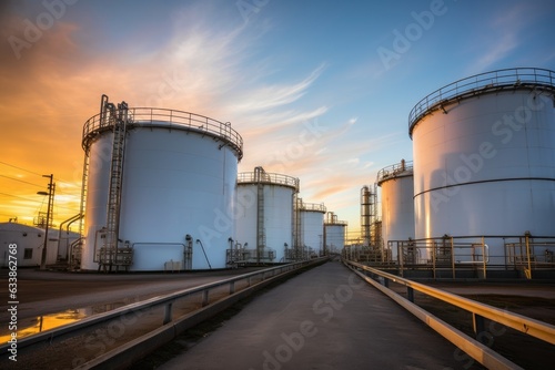 Tank farm with rows of oil storage tanks.