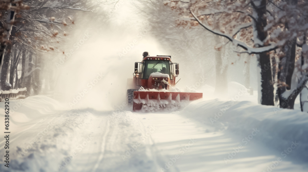 Snowplow removing snow from a road during winter storm. Concept of traffic in blizzard and snow removal. Shallow field of view. Snowplow removing snow from a road during winter storm. Concept of traffic in blizzard and snow removal. Shallow field of view.