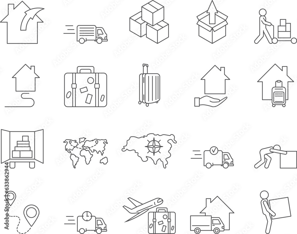 Moving and Relocation Icons Set. Moving House, Luggage, Airplane. Editable Stroke. Simple Icons Vector Collection