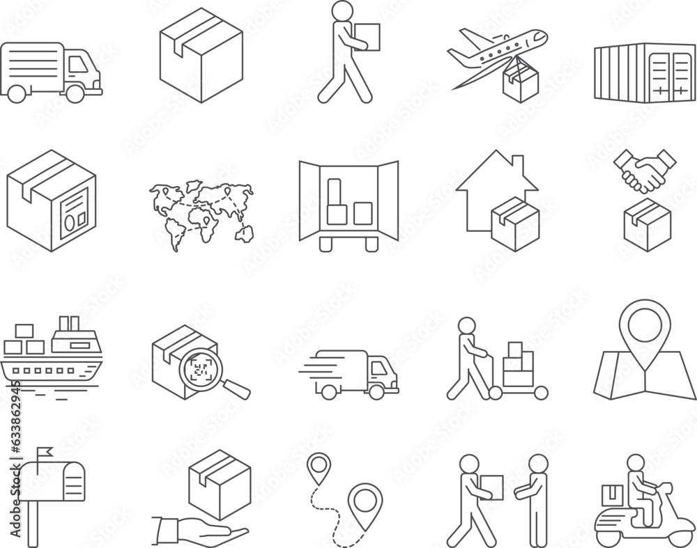 Fototapeta premium Shipping and Delivery Icons Set. Cargo, Logistics, Parcel. Editable Stroke. Simple Icons Vector Collection