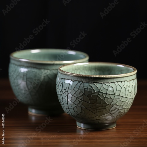 Korean celadon tea cups with intricate designs