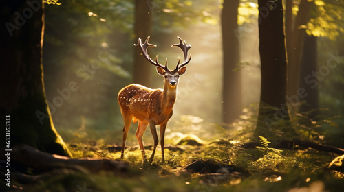 graceful deer in green forest at sunlight made with generative AI