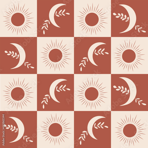 Checkered terracotta sun and boho moon seamless pattern. For home décor, textile and fabric 