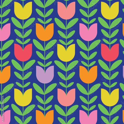 Mid century colorful Scandinavian tulips seamless pattern  in orange, coral, pink, purple and red with green leaves on dark blue background. 
