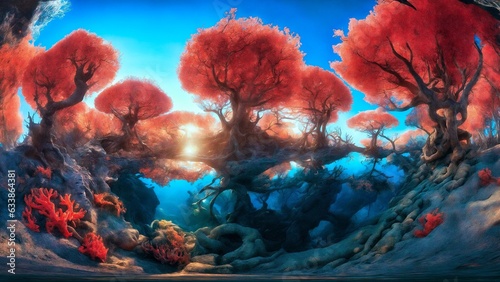 Fantasy landscape with red trees above water and a blue sky. 3D illustration. Digital painting. matte painting, fantasy art