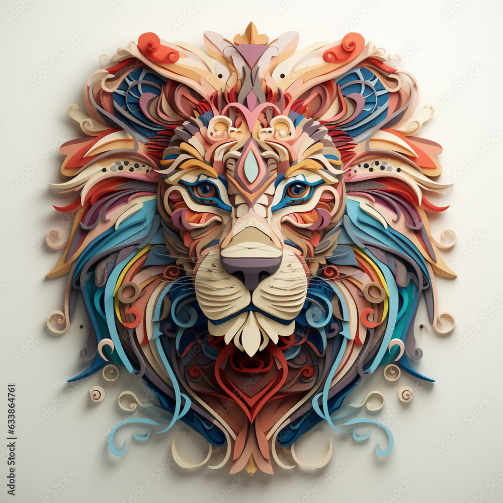 colorful lion head on white backround , in the style of colorful layered forms and conceptual art pieces