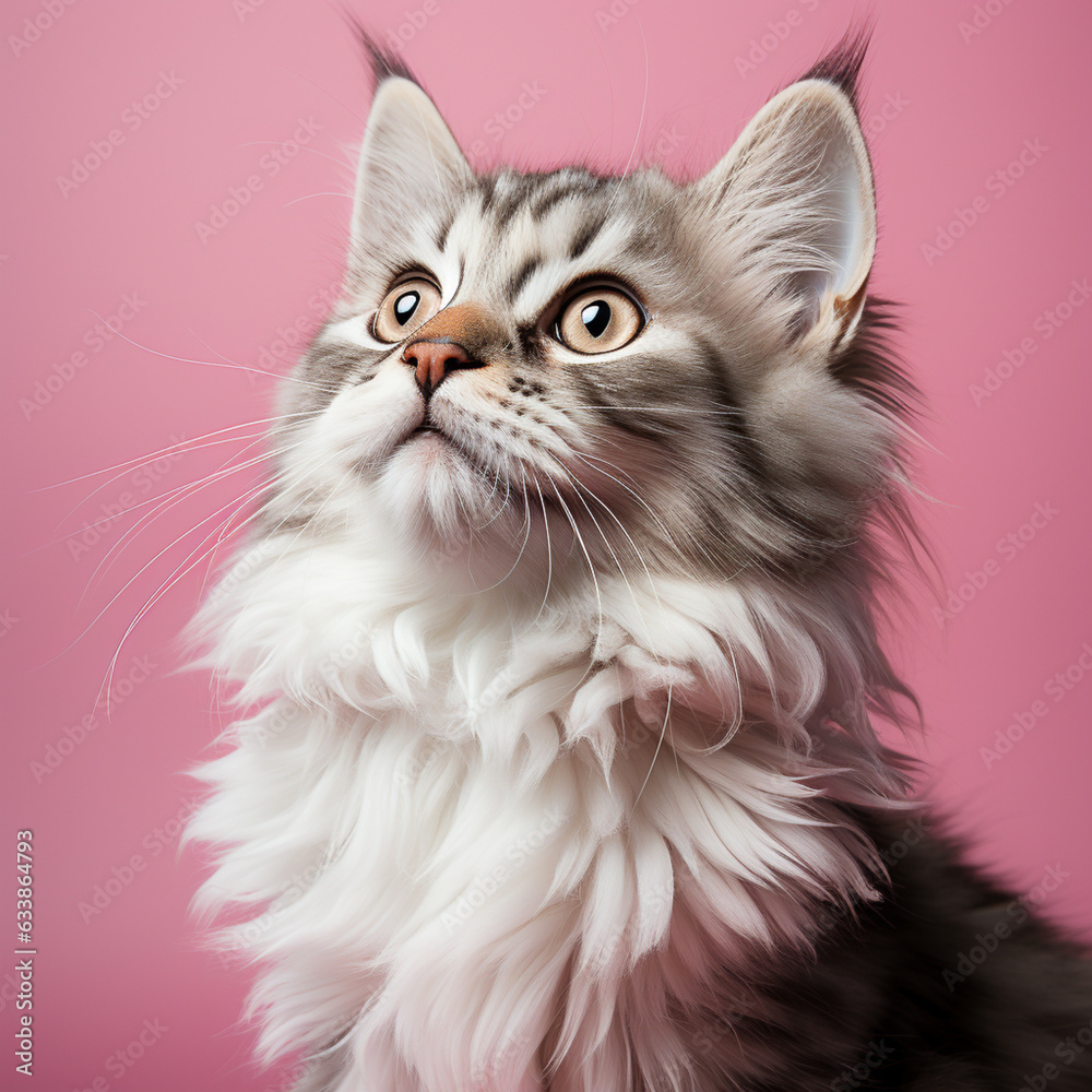a kitten looks skyward in front of a pink background