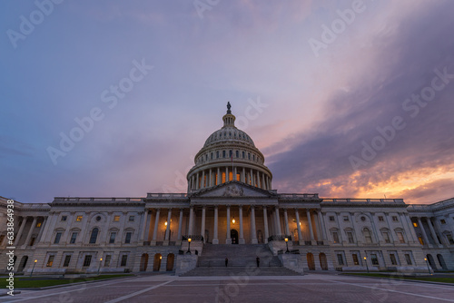Sunset sky over the US Capitol building dome in Washington DC.