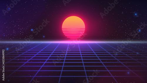 Synthwave sunset backround. Retro future 80s backdrop. Perspective grid, sun, dark starry sky. Futuristic sci-fi virtual scene. 3d computer abstract style. Flyer template. Stock vector illustration