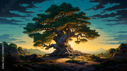 cartoon scene with a huge tree in the center