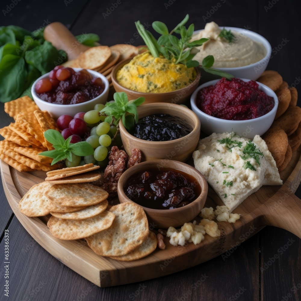 A wooden board with different types of homemade dips and appetizer