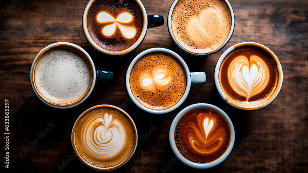 set of cups with coffee beans and coffee on black background set of cups with coffee beans and coffee on black background