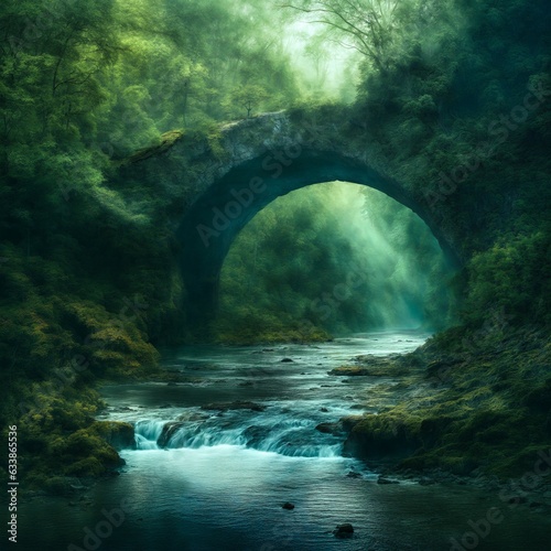 Foggy landscape with a river flowing through a stone arch.