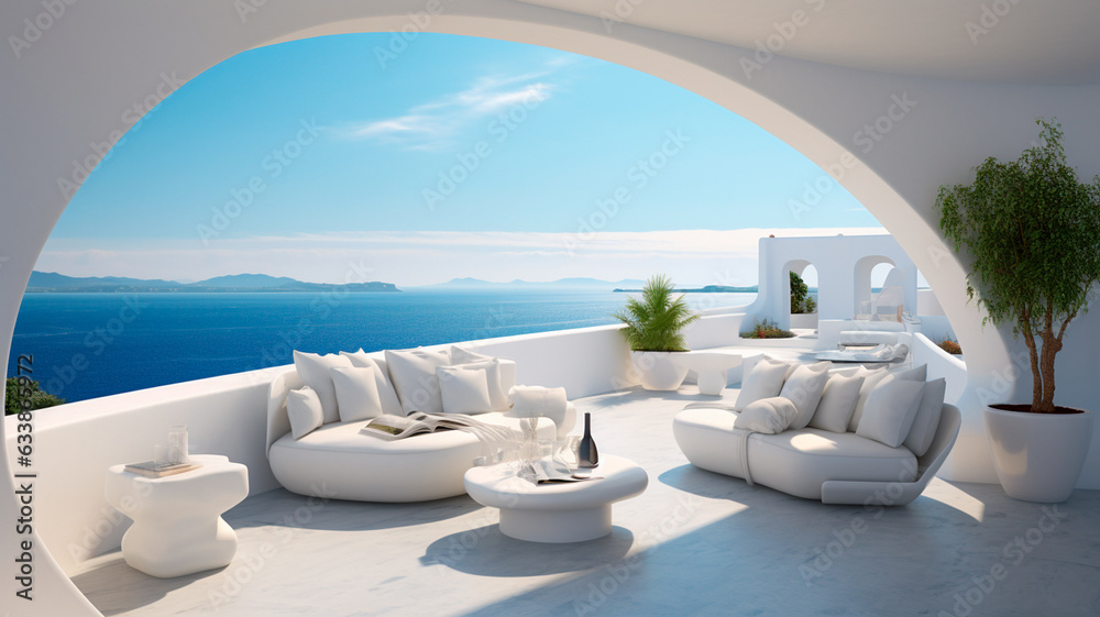 empty white balcony with furniture overlooking the blue ocean sea.