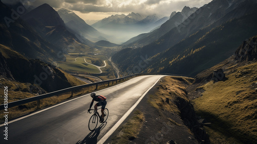 The cyclist ascending a mountain pass with winding roads, the challenge of the climb beautifully depicted  photo