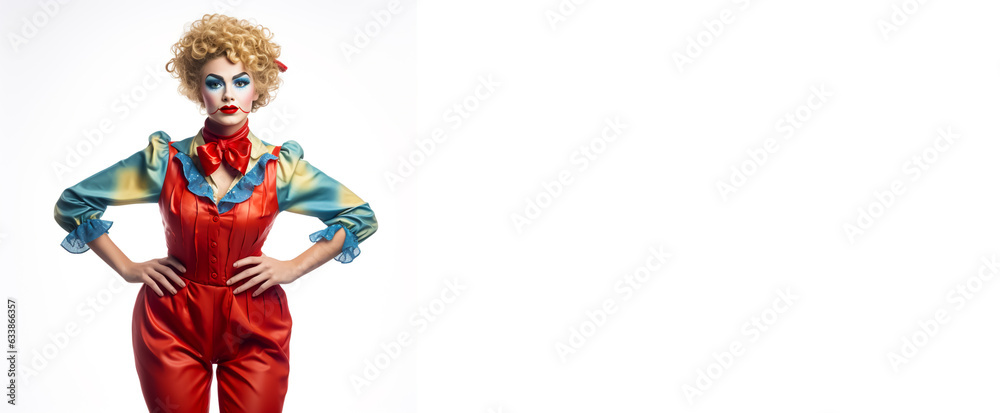 Female Clown from a circus in a colorful and fun costume. Isolated on white background.
