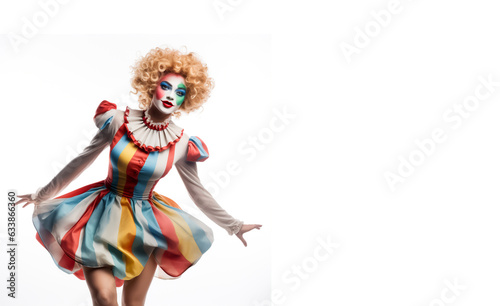 Female Clown from a circus in a colorful and fun costume. Isolated on white background.