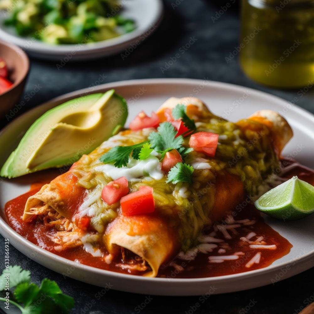 A plate of homemade enchiladas with salsa and guacamole A plate of homemade enchiladas with salsa and guacamole