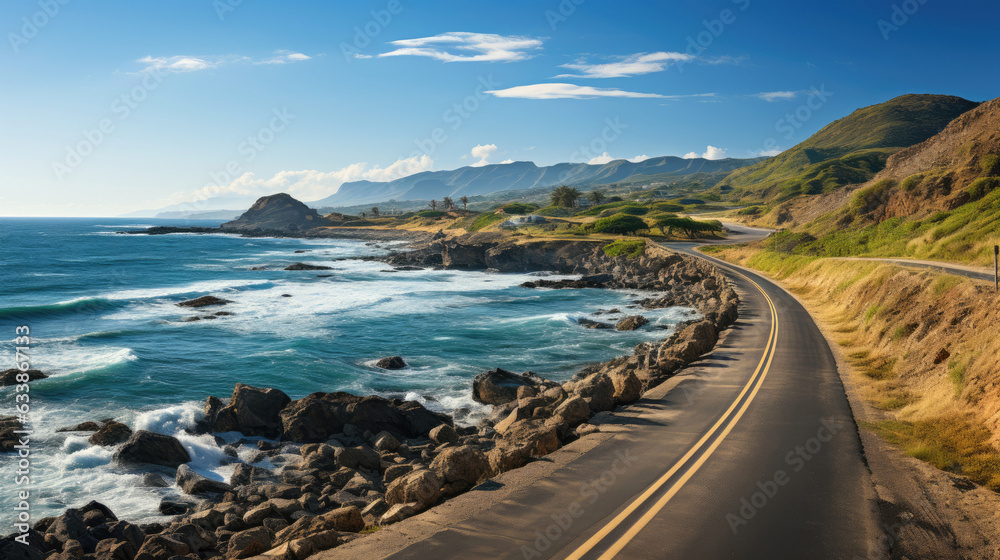 Obraz premium An empty road hugging the coastline, offering unobstructed views of the vast sea with its gentle waves and the horizon blending seamlessly with the sky. Generative AI