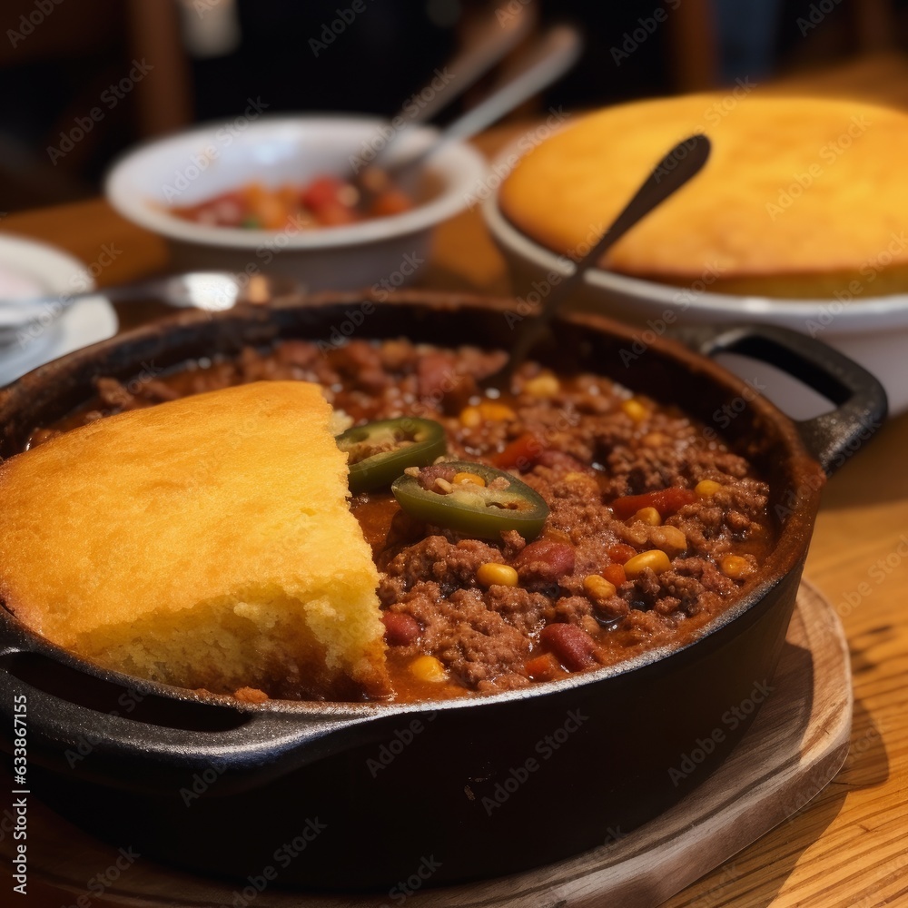 A piping hot pot of chili with a side of cornbread A piping hot pot of chili with a side of cornbread