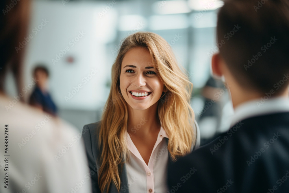 A candid shot capturing the woman's genuine smile as she interacts with coworkers  - obrazy, fototapety, plakaty 