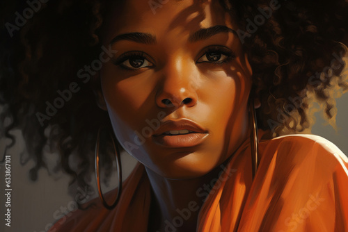 A close-up portrait of the black woman, her gaze focused and determined 